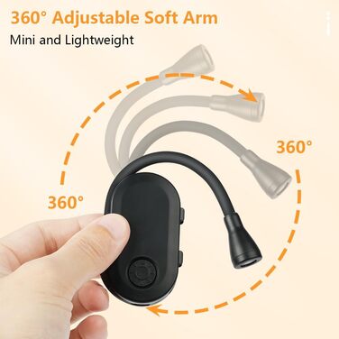 Світлодіодна лампа для читання з кріпленням, акумуляторна, 3 режими температури кольору, USB, гнучка на 360°, для читання в ліжку, ідеальна для книголюбів та дітей, чорна