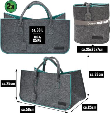 2-Piece Set: Heavy-Duty Shopping Bag Felt XXL - 50x25x25 Felt Bag Large - Kaminta Bag for Wood, Carrying Bag Firewood Basket - Car Shopping Basket Foldable Shopping Bag Felt Firewood Basket Modern
