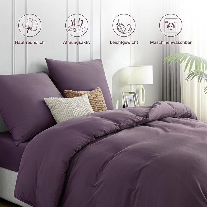 Бетліст JELLYMONI 135x200 з бавовни, комплект, Oeko-Tex, 100% бавовна, з блискавкою та наволочка 40x80 з клапаном, м'який, 2-кільний, 135x200 + 40x80 (фіолетовий)