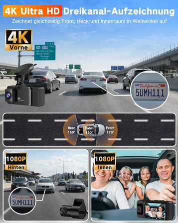 Автомобільний відеореєстратор Wecool 3-канальний 4K+1080P+1080P (передній, задній, салон), кут огляду 470°, 5GHz WiFi, 64GB SD-карта, нічна зйомка, G-сенсор, циклічний запис, 24Гд паркування, Frosted Black