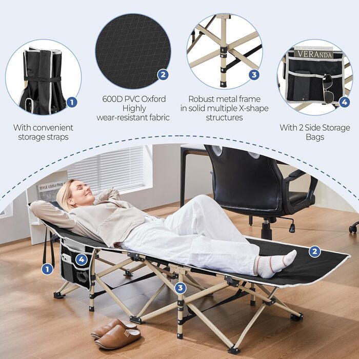 Ліжко гостьове Yaheetech складане, кемпінгове, з бічною кишенею та сумкою для транспортування, до 150 кг (Чорне)