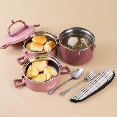 SANQIAHOME 3-Tier Stackable Stainless Steel Lunchbox, Leakproof, Pink