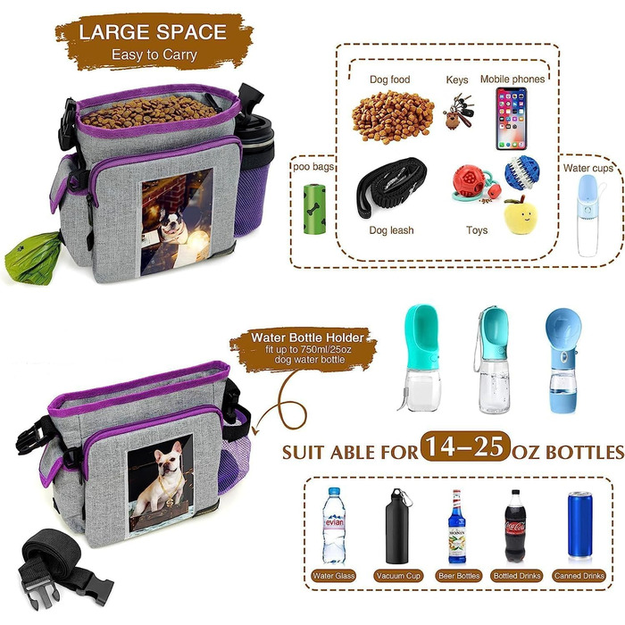 Сумка для ласощів для собак під час тренувань, без рук. Велика сумка для корму з багатьма кишенями, вбудований диспенсер для фекалій та фотосумка, для походів, подорожей на відкритому повітрі