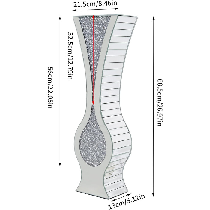 Ваза для квітів велика 68 см, підлогова ваза: срібна ваза з кристалами для пампас трави, скляна ваза з дзеркальним покриттям, декоративна ваза з блискітками для вітальні, декор інтер'єру – не для води (21.5L x 13B x 68.5H cm)