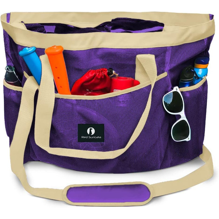 Red Suricata Large Mesh Beach Bag - Beach Bags and Shopping Bags (Violet/Beige)