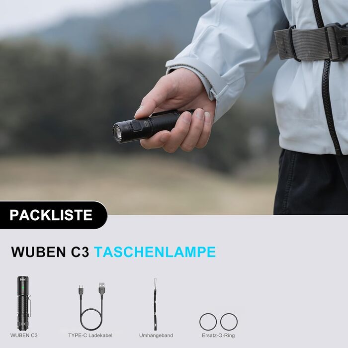 Ліхтарик WUBEN C3 LED, акумуляторний, 1200 люмен, тактичний, компактний, 6 режимів, IP68, водонепроникний, для кемпінгу, EDC, екстрених ситуацій