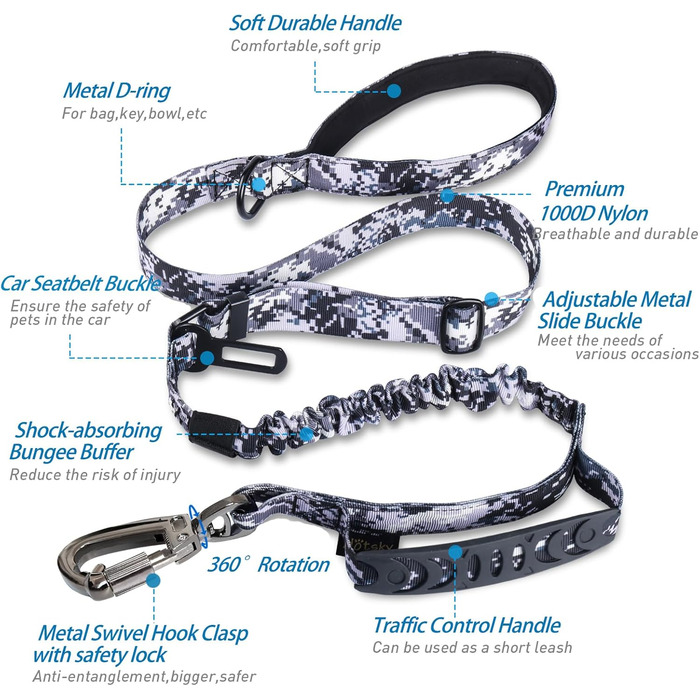 Міцна собача лінія, тактична собача лінія з автофіксатором для великих собак до 68 кг, 1,8 м, амортизуюча, рулетка, подвійний руків'я, для тренування собак