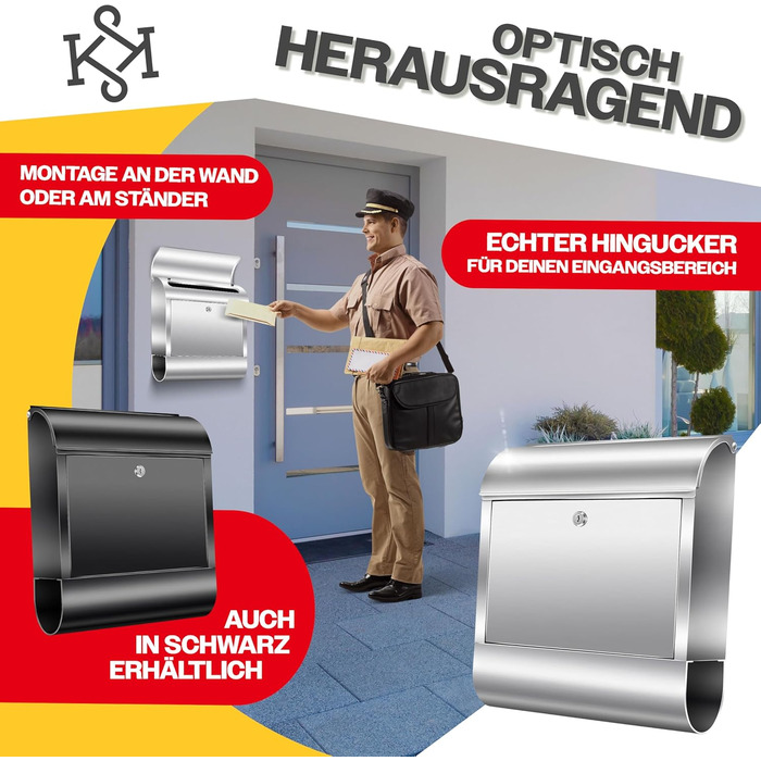 Поштовий ящик настінний KESSER® XXL нержавіюча сталь срібний з газетницею, замок + 3 ключі, вологостійкий, порошкове покриття