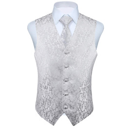 Костюм-трійка HISDERN: жилет, краватка, нагрудна хустинка з квітковим принтом, жаккард, білий. Ідеальний для весілля та урочистих подій.