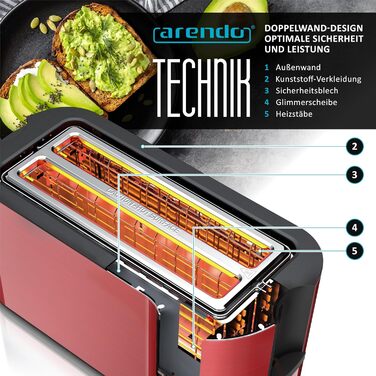 Тостер Arendo з нержавіючої сталі, 4 слоти, подвійні стінки, підставка для булочок, 6 ступенів підсмажування, центрування хліба, автовимкнення, дисплей з таймером