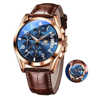 Годинник чоловічий OLEVS Vintage з шкіряним ремінцем, великий циферблат, водонепроникні, аналогові годинники з датою (2878, блакитний циферблат/коричневий ремінець)