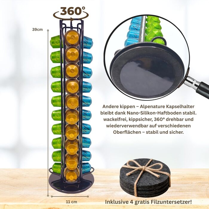 Тримач для капсул Nespresso Alpenature, органайзер для кавових капсул, чорний, з антиковзким дном