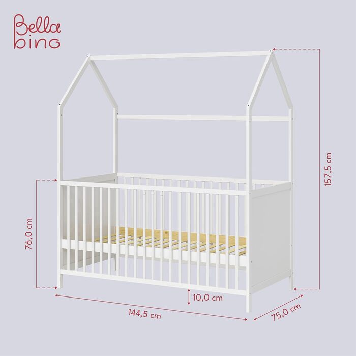 Bellabino Nika Babybett in House Style 70 x 140 cm, crib and house bed for children and babies made of solid pine wood in white, 3-fold height adjustable including slatted frame