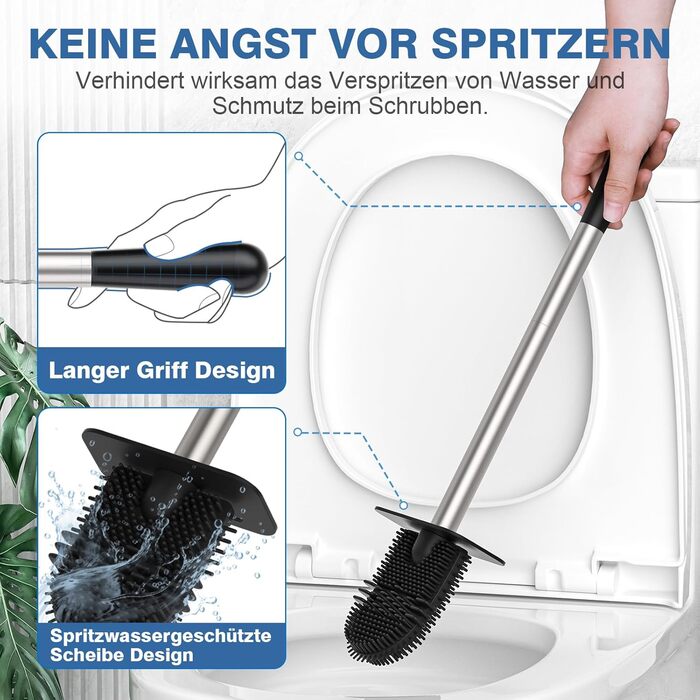 Набір для чищення унітазу FUNPALA з нержавіючої сталі та силікону, 2 насадки, тримач, сріблястий