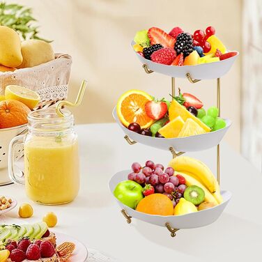 Стійка для фруктів та овочів JurciCat з 3 ярусами, золотий металевий каркас, білі пластикові миски