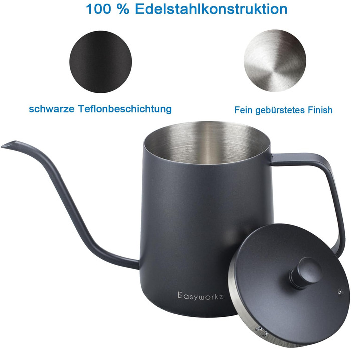 Easyworkz Gooseneck Pour Over Coffee Kettle 600ml, Stainless Steel, Swan Neck, Long Spout, Hand Drip Kettle