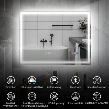 Дзеркало для ванної кімнати HOMCOM з підсвічуванням 100x80 см LED, Bluetooth, годинник, 3 кольори світла, проти запотівання, сенсорне керування, срібло
