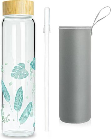 Glass Drinking Bottle 1l Glass Water Bottle with Bamboo Lid 1 Liter (1000ml) (Blue Leaves 1liter)