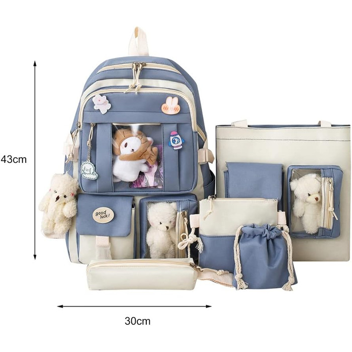 Яскравий рюкзак з милим аксесуаром, 5-ти частинний набір, великий рюкзак у стилі Харадзюку, трендовий рюкзак для школи, коледжу, подорожей, з нашивками, для дівчат, блакитний