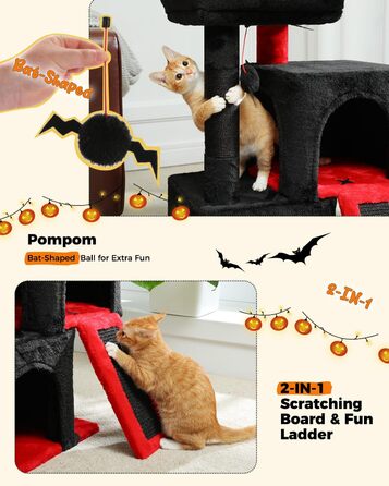 PETEPELA Scratching Post with Dual Condos for Apartment Cats, All-in-One Cat House with Padded Perch, Scratch Ramp & Post, and Replaceable Balls (Black, S 77cm)