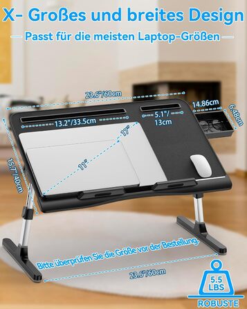 Стіл для ноутбука Potuopy з регульованою висотою та кутом нахилу, складний, великий розмір (60*40 см), чорний, з еко-деревом для роботи, читання та їжі на ліжку/дивані