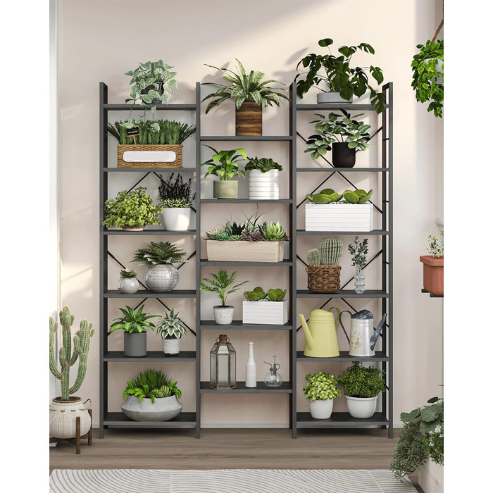 Книжкова шафа Hzuaneri з 17 полицями, 6 ярусів, регульовані полиці, 24x152x186 см, навантаження 340 кг, чорна з деревною текстурою, для вітальні та офісу