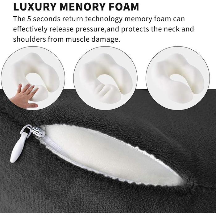 Подушка для шиї у літак – Memory Foam, Зручна подушка для подорожей, Авто, Поїзд, Автобус, Ергономічна, Дихаюча, З чохлом для зберігання