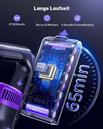 Бездротовий акумуляторний пилосос 600W, 50KPa, 65 хвилин роботи, з HD-дисплеєм, ароматерапією, контейнером 1,8L, світлодіодне освітлення, щітка для килимів, твердих поверхонь та шерсті тварин