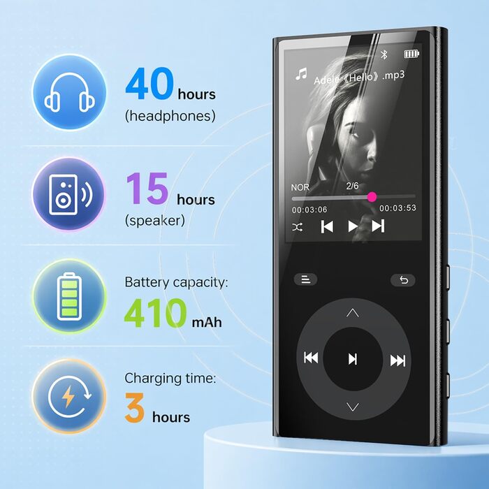 MP3 плеєр з Bluetooth 5.3 та динаміком, 90 ГБ пам'яті, 2.4