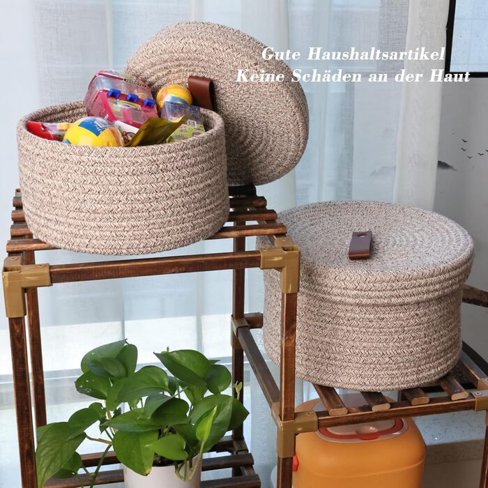 Yearonan 2 PIECE Cosmetic Storage Basket with Lid Storage Box Natural Cotton Yarn Material Washable Decorative Basket Leather Label Handle Storage Basket Set 30X17(cm)/25X13.5(cm) (White)