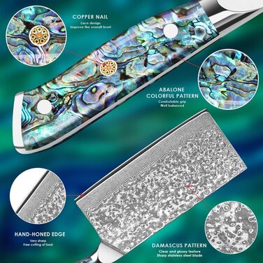 Ніж кухарський Дамаск з лезом 17.8 см, VG-10 сталь, ручка з мушлі Абалоне, подарункова коробка