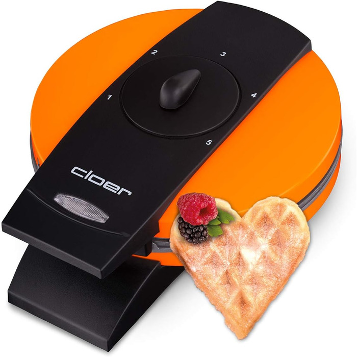 Вафельниця Cloer 1620 для класичних вафель у формі серця, 930 Вт, розмір вафелі 15,5 см, регулювання ступеня прожарювання, (Помаранчевий, Одинарна)