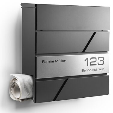 Сучасна поштова скринька антрацит з газетницею та гравіюванням: індивідуальне виготовлення з нержавіючої сталі, номер будинку та табличка з іменем. Стійка до іржі та УФ-випромінювання, з монтажним комплектом.