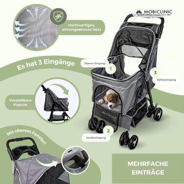 Mobiclinic® Pet Folding Dog Cart - 15kg Capacity, Small Dogs, Zuma Wheels with Brakes, XXL Storage Basket, 3 Zipper Windows & Mosquito Net, Cup Holder, Grey