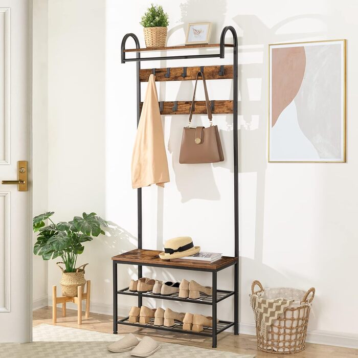 HOOBRO Coat Rack, Wardrobe Rack, Shoe Shelf with Seating, Clothes Rack with 9 Hooks, Bench, Clothes Rail, 182 cm High, Entrance Hall, Living Room, Metal Frame, Vintage Brown-Black EBF13MT01