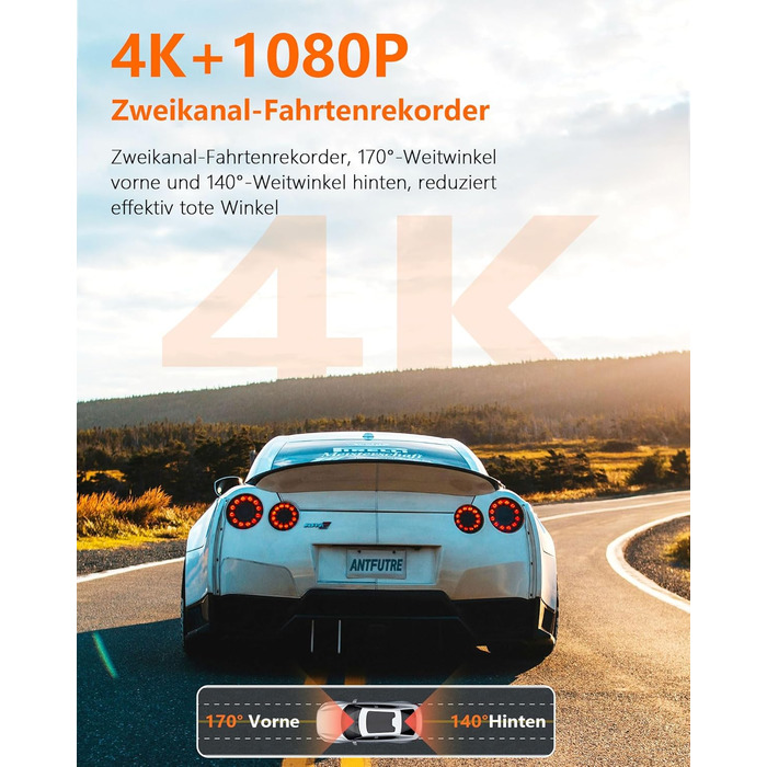 Відеореєстратор Antfutre Dashcam Auto Vorne Hinten 4K+1080P з GPS, WiFi, HDR, G-Sensor, 24/7 Parküberwachung, Loop-Aufnahme MXC-857-64GB