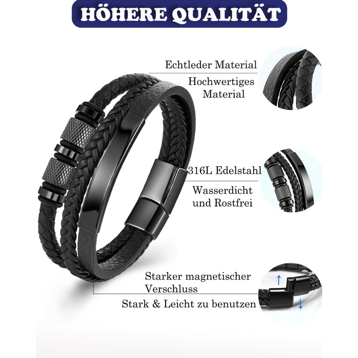 Чоловічий браслет на руці - шкіряний браслет з нержавіючою сталевою магнітною застібкою - плетений шкіряний браслет - браслети для чоловіків як подарунок на день народження, День святого Валентина, Різдво або День батька Чорний 21см
