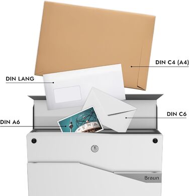 Поштовий ящик білий з газетницею TRELLEBORG, персоналізований, з цинкової сталі з іменем, вулицею та номером будинку + комплект для монтажу (RAL 9016)