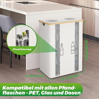 Laundry basket with 2 compartments, deposit bottle collection container with lid, container for deposit bottles, glass recycling, and paper waste collection, deposit bottle container bamboo with bag, must-have (Beige/Cream, XXL)
