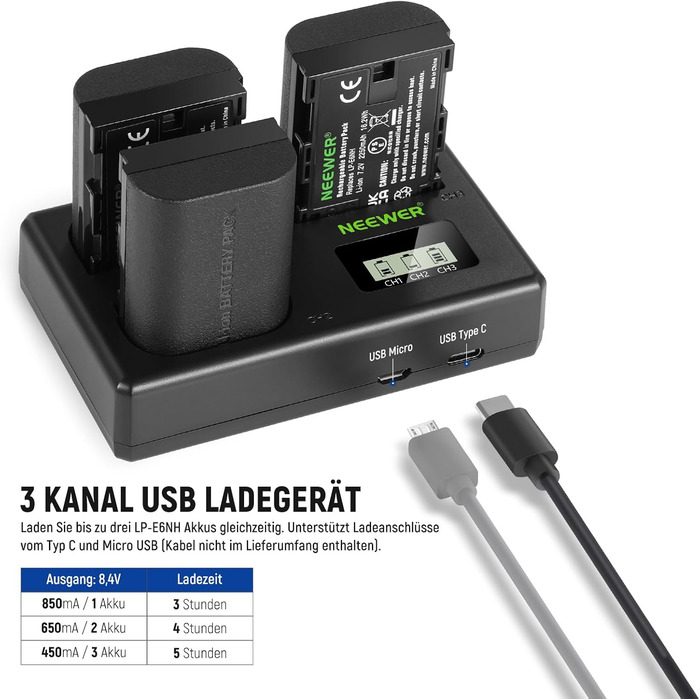 NEEWER Комплект акумуляторів та зарядного пристрою LP-E6NH (3 шт. 2250mAh) з USB зарядкою на 3 слоти, серветка, сумісний з Canon EOS R7, R5, R6, R6 II, R 5DIV, 6DII, 7DII, 80D, 90D