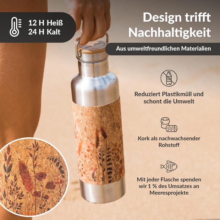 Stainless Steel Water Bottle 750ml - Sustainable, insulated Thermos Water Bottle made of Stainless Steel, leak-proof - Iso Bottle free of harmful substances, BPA-free - Thermos Drinking Bottle (Floral Print)