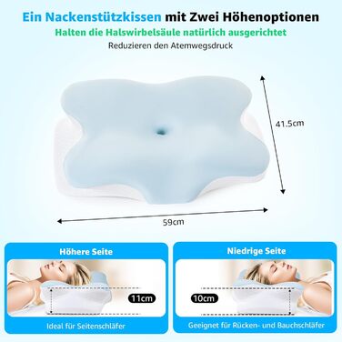 Подушка для шиї BRO з Memory Foam, 60x40x13 см. Ергономічна подушка для сну на боці, спині та животі. 2 чохли, для зняття болю в шиї.