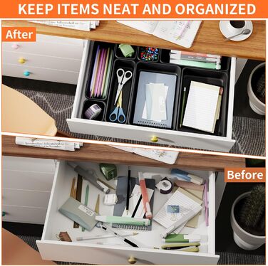 45 Piece Drawer Organizer Set for Office with 3 Sizes, Vanity Makeup Organizer Drawer, Storage Desk Organizer Drawer System for Kitchen, Bedroom, Bathroom, Office, Grey (4 - Sizes, Black (25 Pieces))