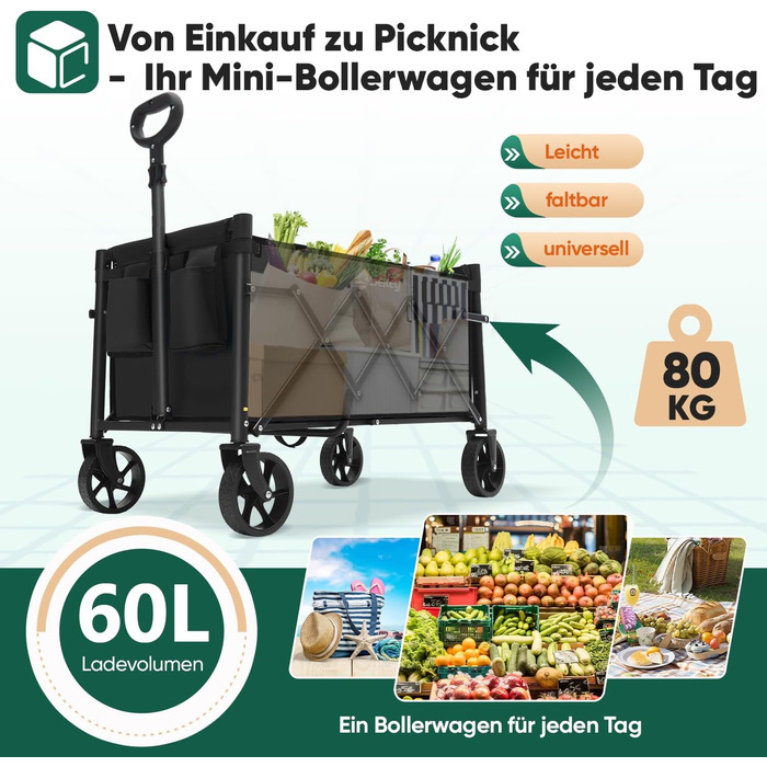 Складна візок-тележка Sekey Bollerwagen 80 кг, чорний 60л – для кемпінгу, покупок, з регульованою ручкою