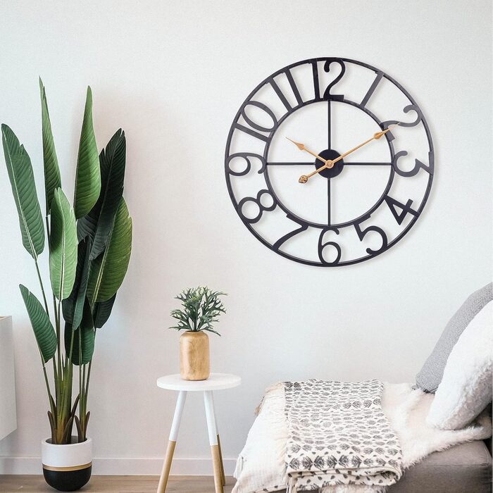Large European Industrial Vintage Wall Clock with Roman Numerals, Silent No Ticking Sounds Metal Wall Clock, Decorative Wall Clock for Living Room, Kitchen, Bedroom - (Black Arabic, 50cm)