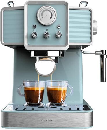 Еспресо-кавомашина Cecotec Express-Kaffeemaschine Power Espresso 20 Tradizionale Light Blue, 1350 Вт, 20 Bar, з термоблоком, давильною трубкою, манометром, 1,5 л, блакитний, для приготування еспресо та капучино, вінтажний дизайн