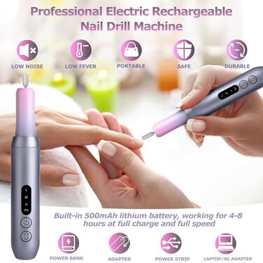 Електричний набір для манікюру та педикюру Nagelfräser: набір для шліфування, полірування та видалення гель-лаку, USB, 30000 об/хв, 3 швидкості, LCD-дисплей, сірий та рожевий