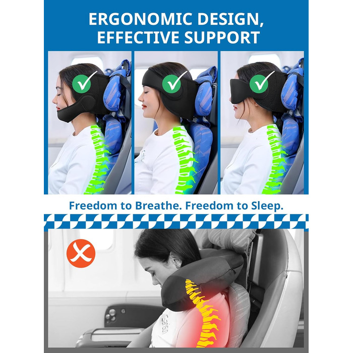 Подушка для шиї з підборіддя, маска для сну 3D, підтримка 360°, насадка для голови в літак, для довгих перельотів, чорна
