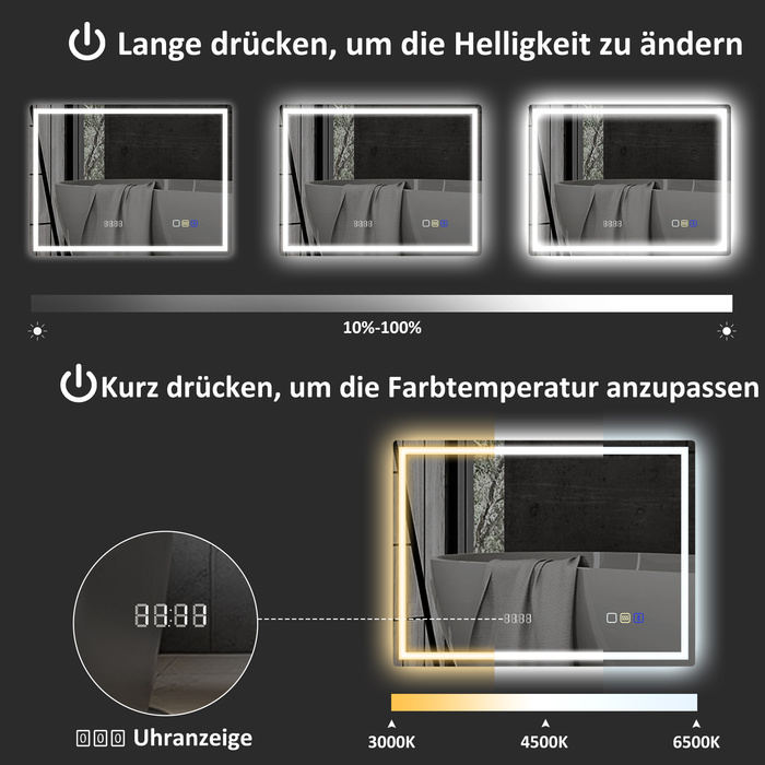 Дзеркало для ванної кімнати HOMCOM з підсвіткою 80x60 см, LED, з Bluetooth, функцією пам'яті, годинником, 3 кольорами світла, запобігає запотіванню, сенсорне управління, сріблястий | Aosom