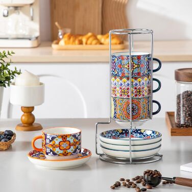 Набір чашок для еспресо Vancasso 4 шт., 150 мл SIMI з підставками та стійкою, керамічні, для капучино, еспресо, лате